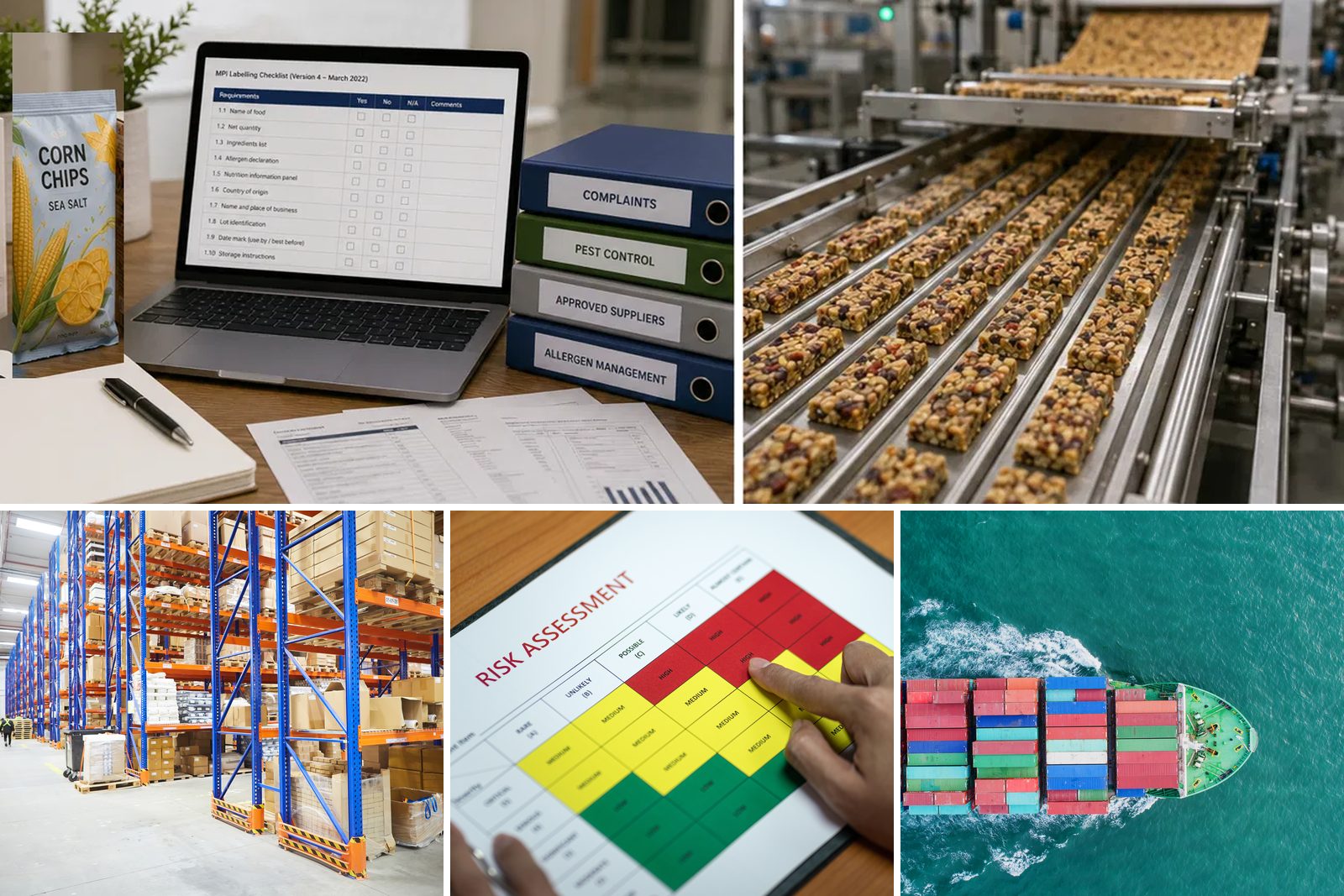 Food labelling checklist and production line leading, with risk assessment, warehouse storage and import shipping as supporting detail